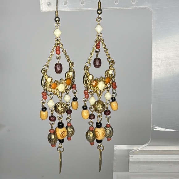 Jewelry - Bohemian Gold and Brown Chandelier Earrings with Leaf Charms